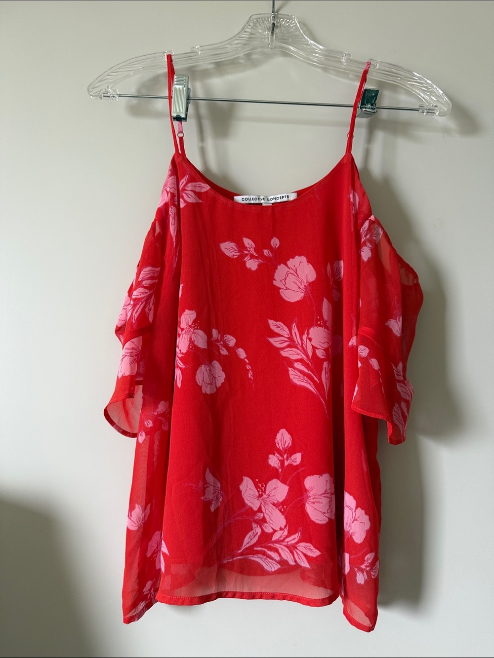 Collective Concepts Pink Floral Red Cold-Shoulder Blouse